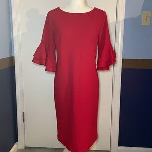 Liz Claiborne Women’s Sheath Dress 3/4 Tiered Ruffle Sleeves Zip Back Size 6 Red
